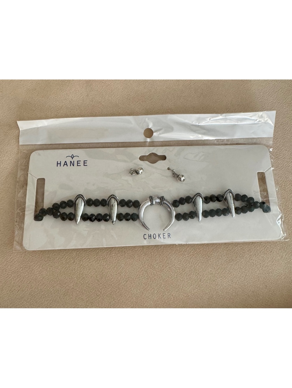 Hanee Black Beaded Double Strand Horn Tusk Choker Necklace Earrings NIP